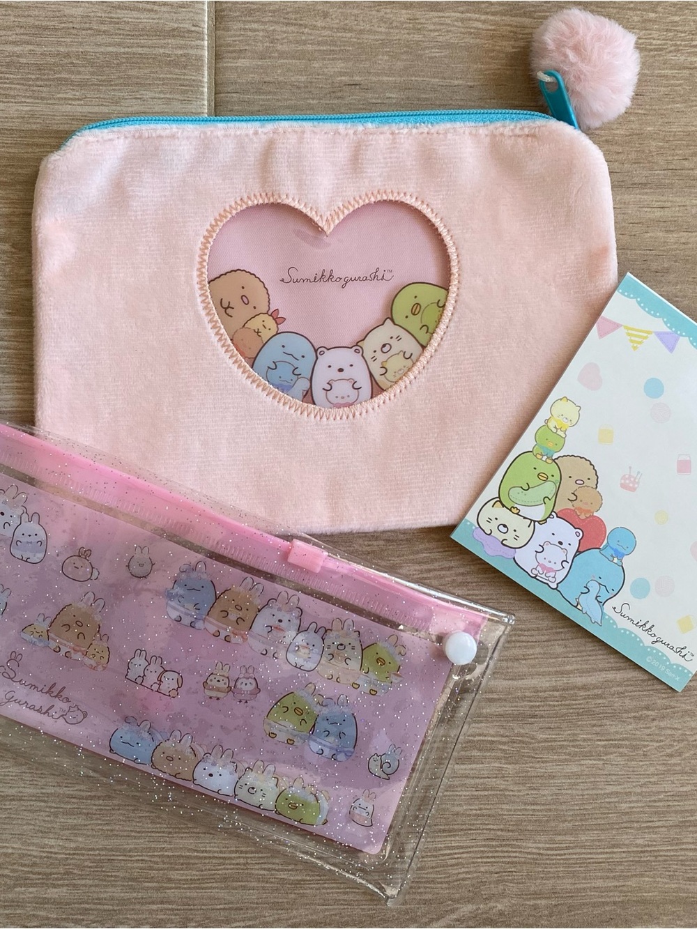 NWT Sumikko Gurashi Set of 3 Clear Glitter Pouch Plush Pouch & Memo Pad San-X⁠